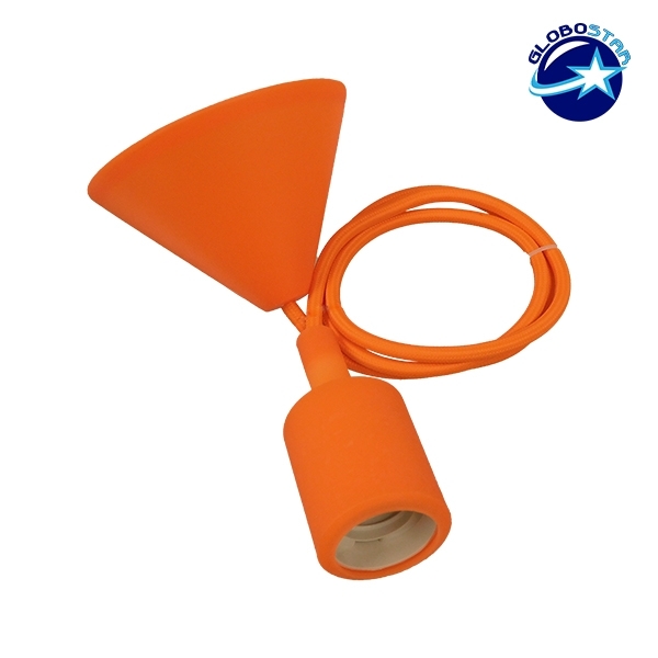 GloboStar Orange 91005 Πορτοκαλί Κρεμαστό Φωτιστικό Οροφής Σιλικόνης με Υφασμάτινο Καλώδιο 1 Μέτρο E27 